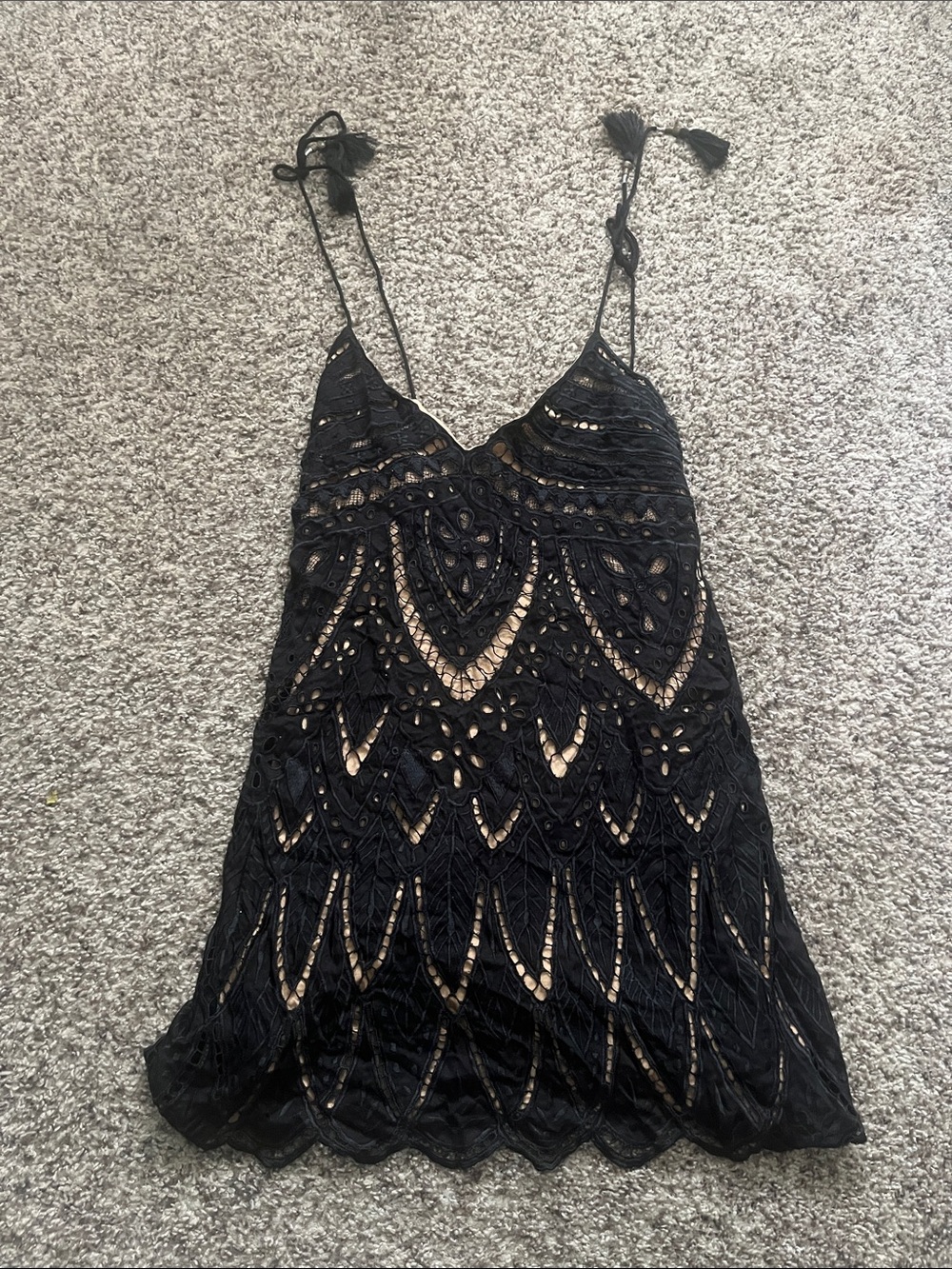 Free People Black Lace Mini with Nude Underlay and Tassel Straps